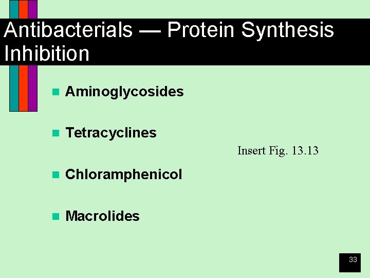 Antibacterials — Protein Synthesis Inhibition n Aminoglycosides n Tetracyclines Insert Fig. 13 n Chloramphenicol