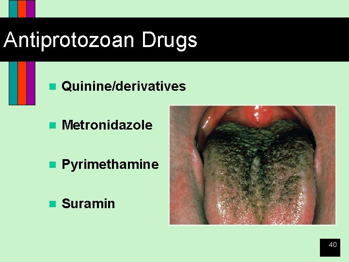Antiprotozoan Drugs n Quinine/derivatives n Metronidazole n Pyrimethamine n Suramin 40 