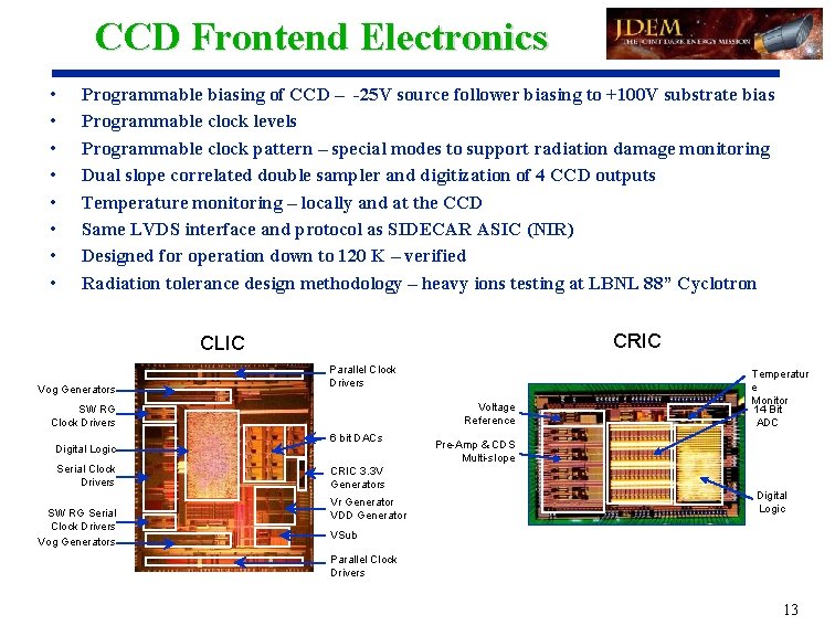 CCD Frontend Electronics • • Programmable biasing of CCD – -25 V source follower