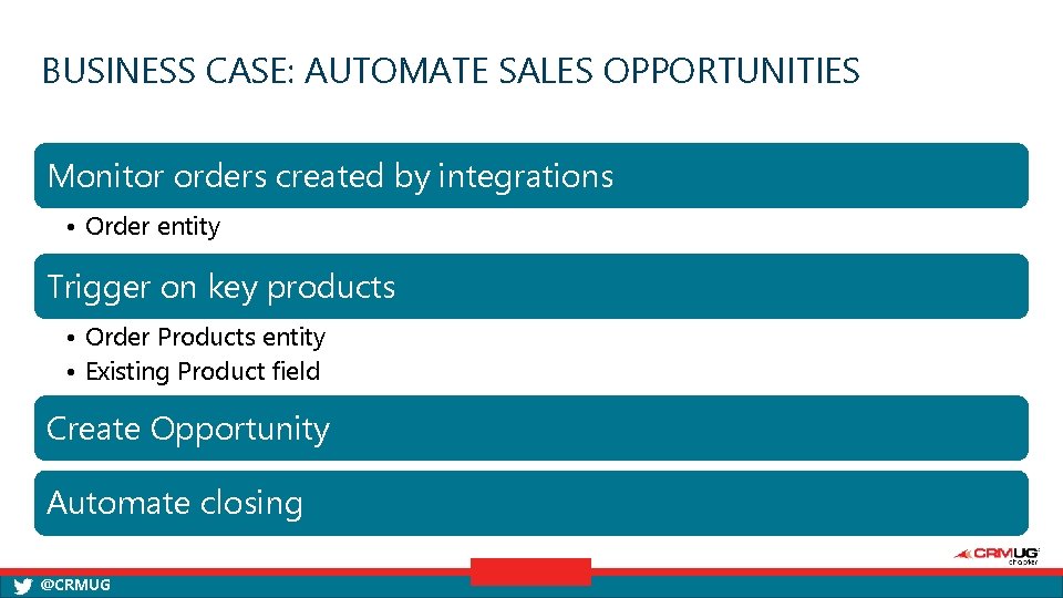 BUSINESS CASE: AUTOMATE SALES OPPORTUNITIES Monitor orders created by integrations • Order entity Trigger