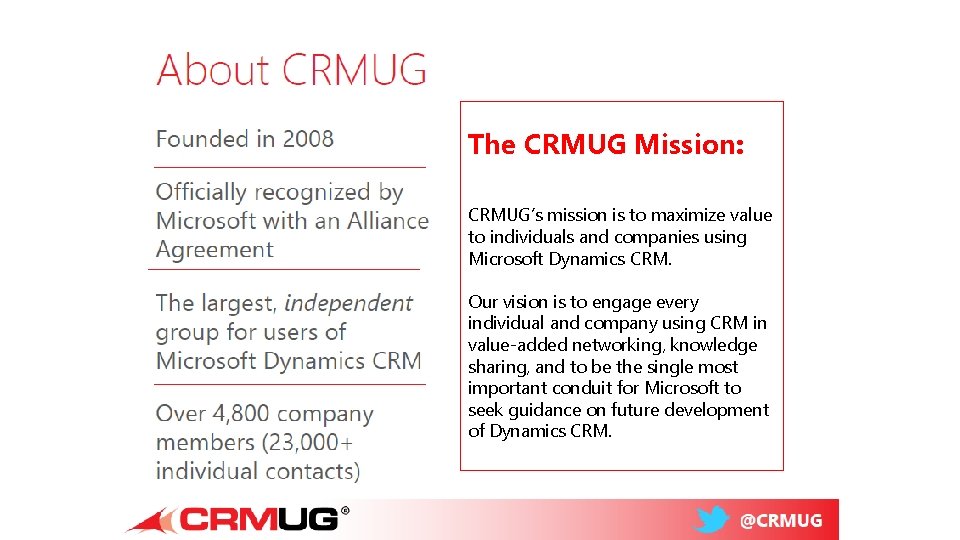 The CRMUG Mission: CRMUG’s mission is to maximize value to individuals and companies using