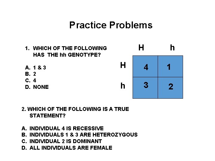 Practice Problems H 1. WHICH OF THE FOLLOWING HAS THE hh GENOTYPE? A. B.