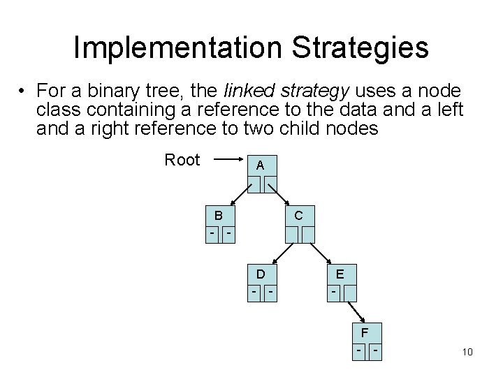 Implementation Strategies • For a binary tree, the linked strategy uses a node class