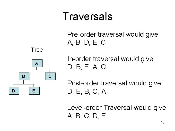 Traversals Pre-order traversal would give: A, B, D, E, C Tree In-order traversal would