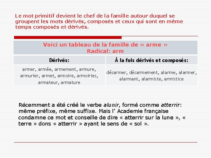 Le mot primitif devient le chef de la famille autour duquel se groupent les