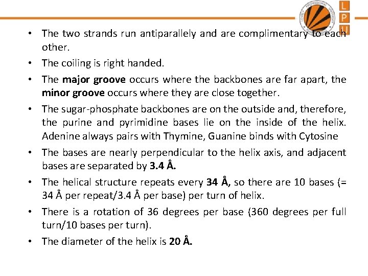 • The two strands run antiparallely and are complimentary to each other. • • The two strands run antiparallely and are complimentary to each other. •