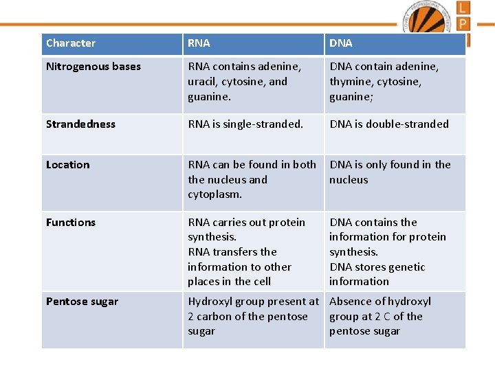 Character RNA DNA Nitrogenous bases RNA contains adenine, uracil, cytosine, and guanine. DNA contain Character RNA DNA Nitrogenous bases RNA contains adenine, uracil, cytosine, and guanine. DNA contain