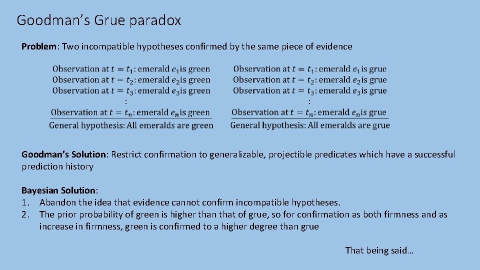 Goodman’s Grue paradox Problem: Two incompatible hypotheses confirmed by the same piece of evidence