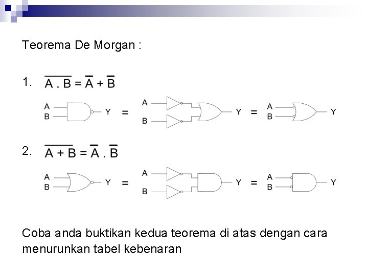 Teorema De Morgan : 1. 2. Coba anda buktikan kedua teorema di atas dengan