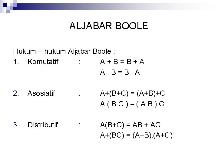 ALJABAR BOOLE Hukum – hukum Aljabar Boole : 1. Komutatif : A+B=B+A A. B=B.