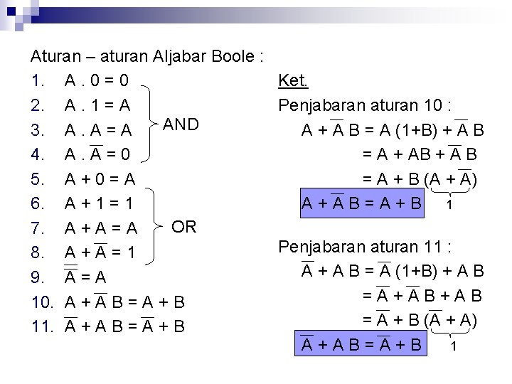 Aturan – aturan Aljabar Boole : 1. A. 0 = 0 Ket. 2. A.