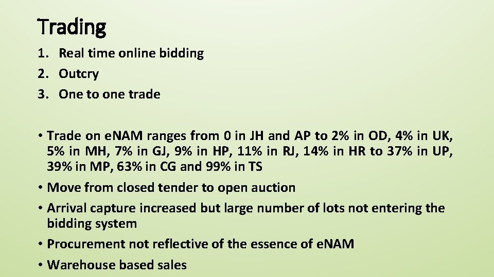 Trading 1. Real time online bidding 2. Outcry 3. One to one trade •