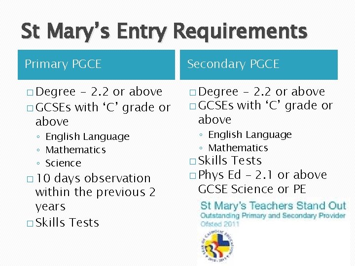 St Mary’s Entry Requirements Primary PGCE Secondary PGCE � Degree - 2. 2 or