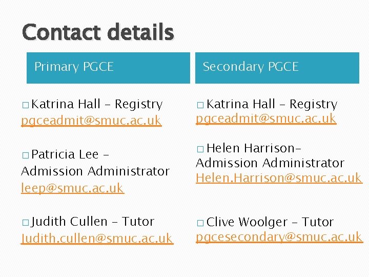 Contact details Primary PGCE � Katrina Hall – Registry pgceadmit@smuc. ac. uk � Patricia