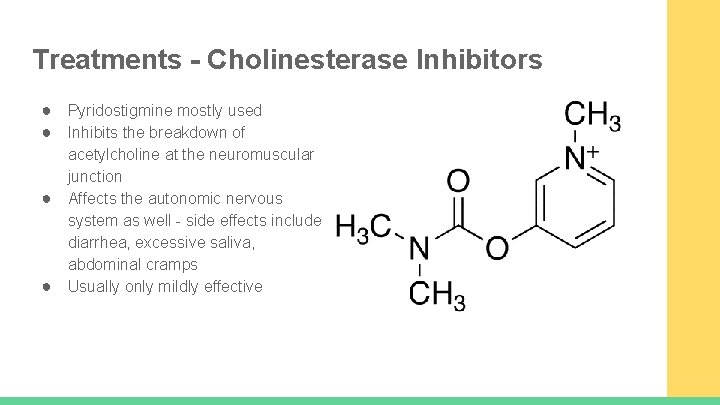 Treatments - Cholinesterase Inhibitors ● Pyridostigmine mostly used ● Inhibits the breakdown of ●