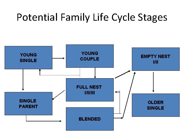 Potential Family Life Cycle Stages YOUNG SINGLE YOUNG COUPLE EMPTY NEST I/II FULL NEST