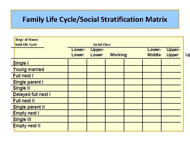 Family Life Cycle/Social Stratification Matrix Stage of Household Life Cycle Social Class Lower Single