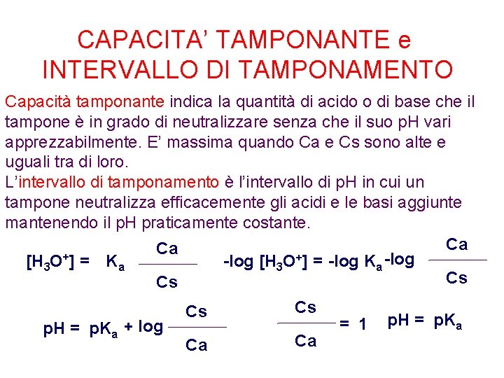 CAPACITA’ TAMPONANTE e INTERVALLO DI TAMPONAMENTO Capacità tamponante indica la quantità di acido o