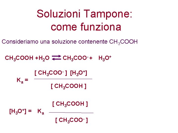 Soluzioni Tampone: come funziona Consideriamo una soluzione contenente CH 3 COOH +H 2 O