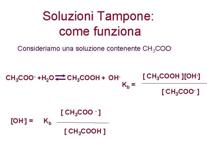 Soluzioni Tampone: come funziona Consideriamo una soluzione contenente CH 3 COO- +H 2 O