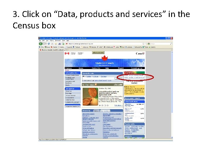 3. Click on “Data, products and services” in the Census box 