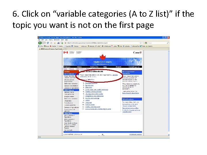 6. Click on “variable categories (A to Z list)” if the topic you want