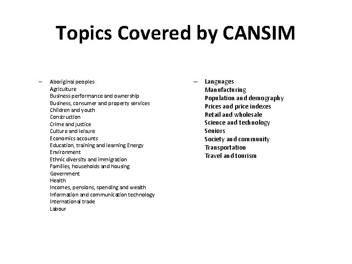 Topics Covered by CANSIM – Aboriginal peoples Agriculture Business performance and ownership Business, consumer