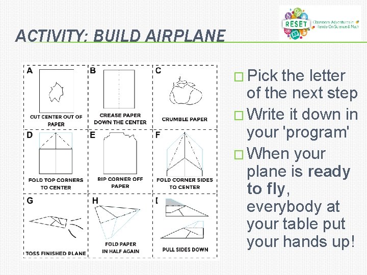 ACTIVITY: BUILD AIRPLANE � Pick the letter of the next step � Write it