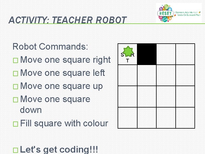 ACTIVITY: TEACHER ROBOT Robot Commands: � Move one square right � Move one square