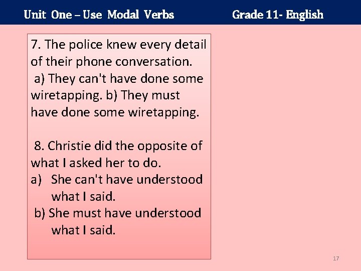 Unit One – Use Modal Verbs Grade 11 - English 7. The police knew