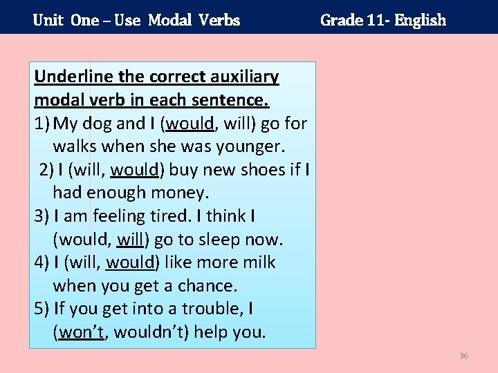Unit One – Use Modal Verbs Grade 11 - English Underline the correct auxiliary