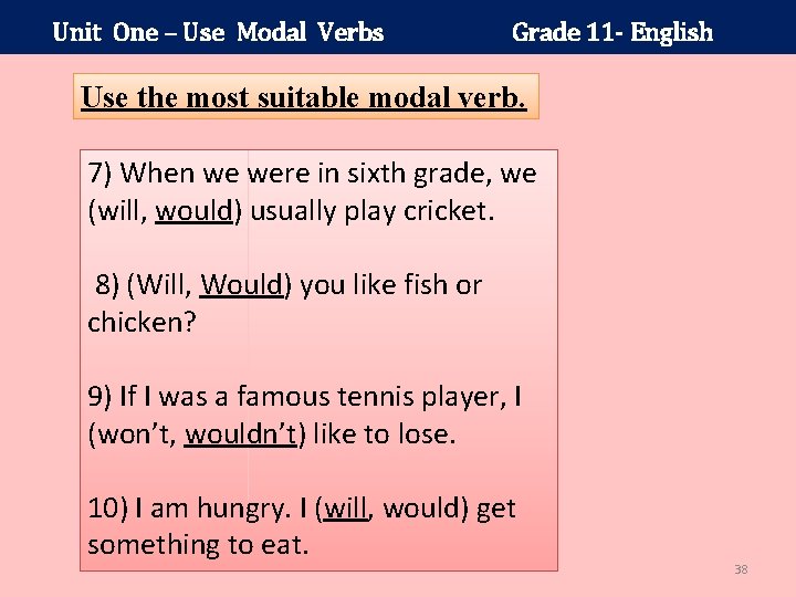 Unit One – Use Modal Verbs Grade 11 - English Use the most suitable