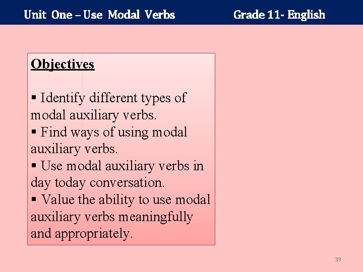 Unit One – Use Modal Verbs Grade 11 - English Objectives § Identify different