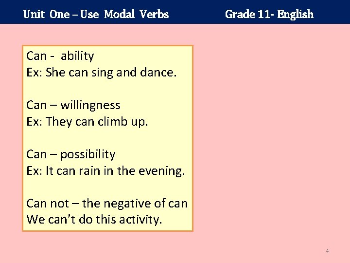 Unit One – Use Modal Verbs Grade 11 - English Can ability Ex: She