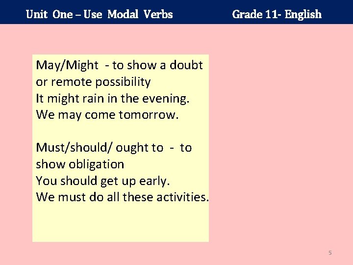 Unit One – Use Modal Verbs Grade 11 - English May/Might to show a
