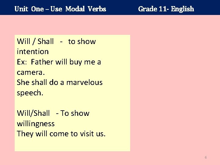 Unit One – Use Modal Verbs Grade 11 - English Will / Shall to
