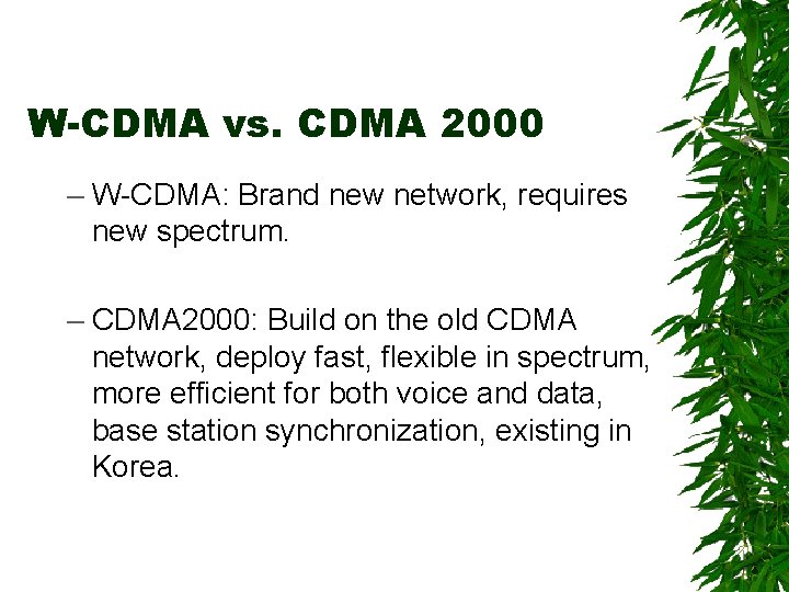 W-CDMA vs. CDMA 2000 – W-CDMA: Brand new network, requires new spectrum. – CDMA