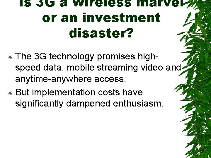 Is 3 G a wireless marvel or an investment disaster? The 3 G technology