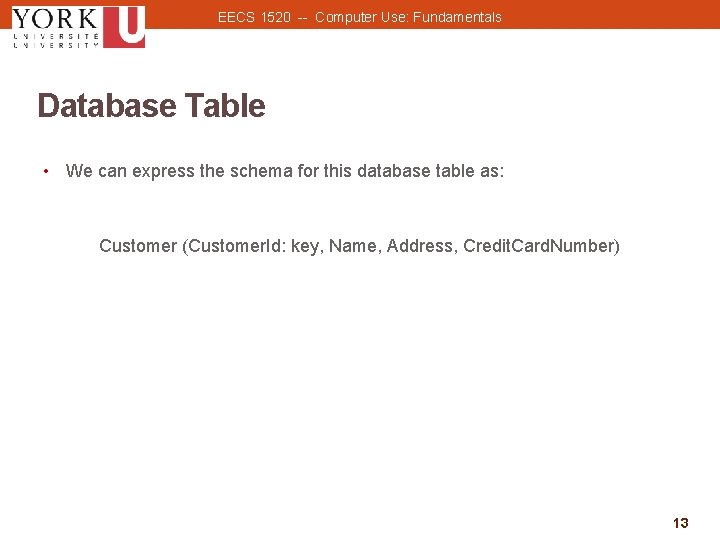 EECS 1520 -- Computer Use: Fundamentals Database Table • We can express the schema