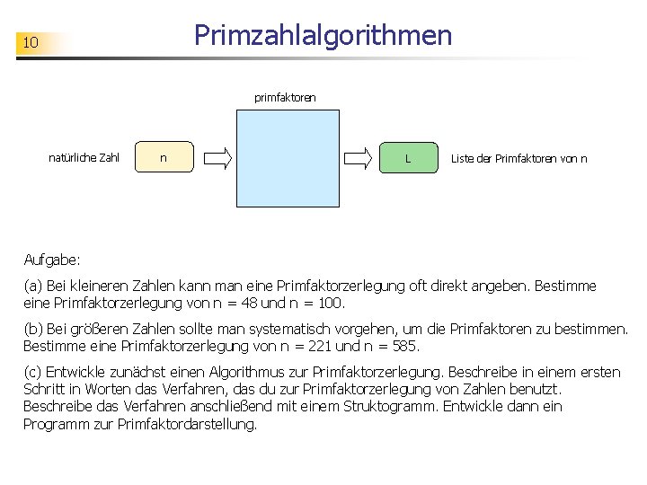 Primzahlalgorithmen 10 primfaktoren natürliche Zahl n L Liste der Primfaktoren von n Aufgabe: (a)