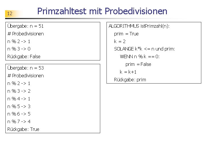 12 Primzahltest mit Probedivisionen Übergabe: n = 51 ALGORITHMUS ist. Primzahl(n): # Probedivisionen prim