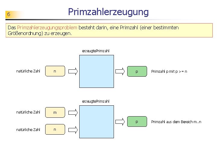 Primzahlerzeugung 6 Das Primzahlerzeugungsproblem besteht darin, eine Primzahl (einer bestimmten Größenordnung) zu erzeugen. erzeugte.