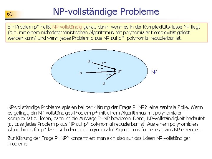 60 NP-vollständige Probleme Ein Problem p* heißt NP-vollständig genau dann, wenn es in der