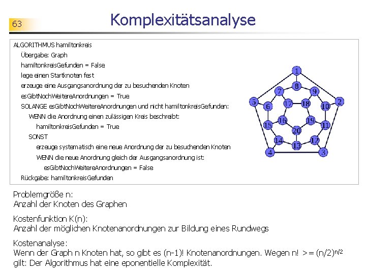 Komplexitätsanalyse 63 ALGORITHMUS hamiltonkreis Übergabe: Graph hamiltonkreis. Gefunden = False lege einen Startknoten fest