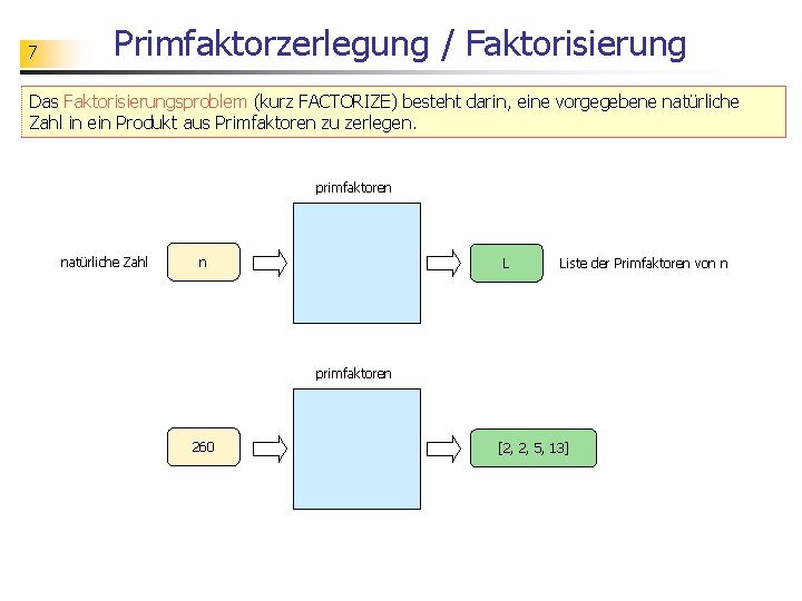 7 Primfaktorzerlegung / Faktorisierung Das Faktorisierungsproblem (kurz FACTORIZE) besteht darin, eine vorgegebene natürliche Zahl