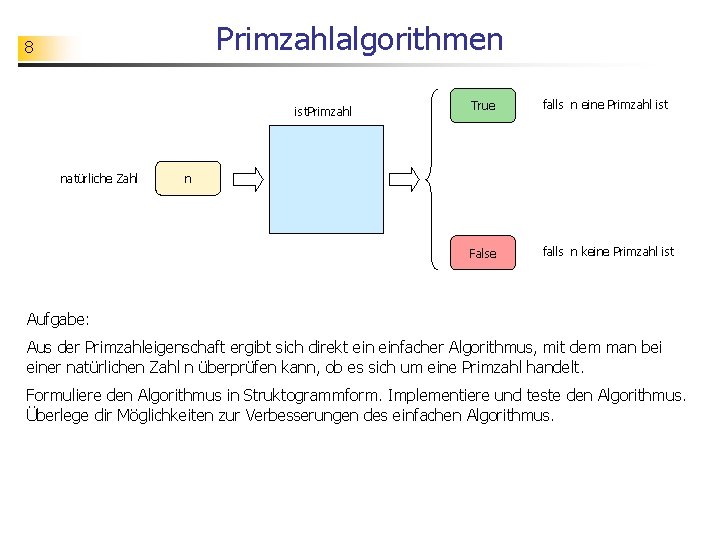 Primzahlalgorithmen 8 ist. Primzahl natürliche Zahl True falls n eine Primzahl ist False falls