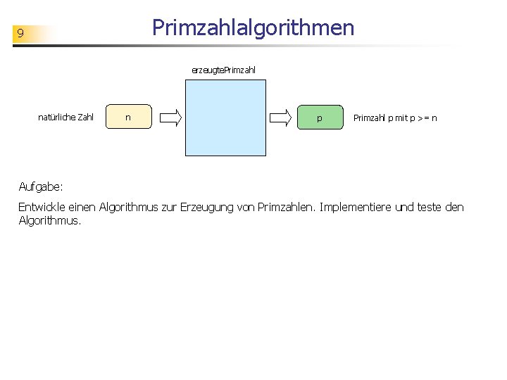 Primzahlalgorithmen 9 erzeugte. Primzahl natürliche Zahl n p Primzahl p mit p >= n