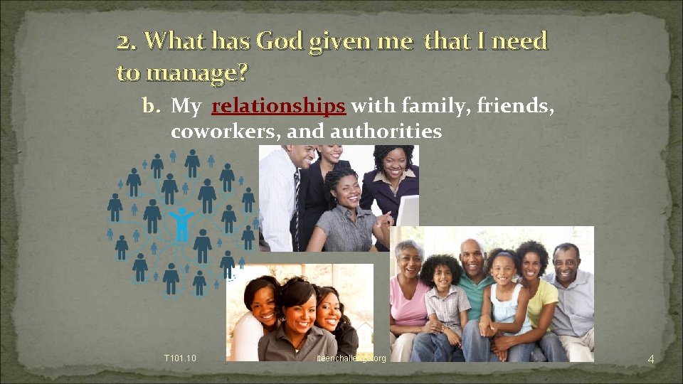 2. What has God given me that I need to manage? b. My relationships