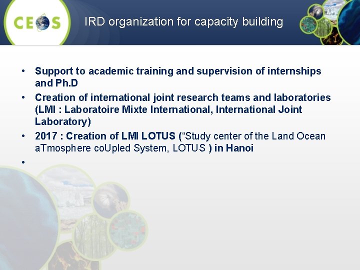 IRD organization for capacity building • Support to academic training and supervision of internships