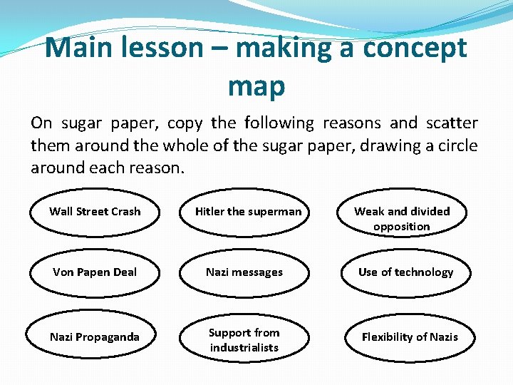 Main lesson – making a concept map On sugar paper, copy the following reasons